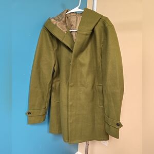 Size Medium-XL Mens Hooded Pea Coat Olive Green 100% Polyester Inside Pocket